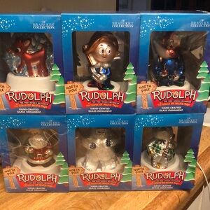 Rudolph the red nosed reindeer glass painted ornament set.  Vintage 2001